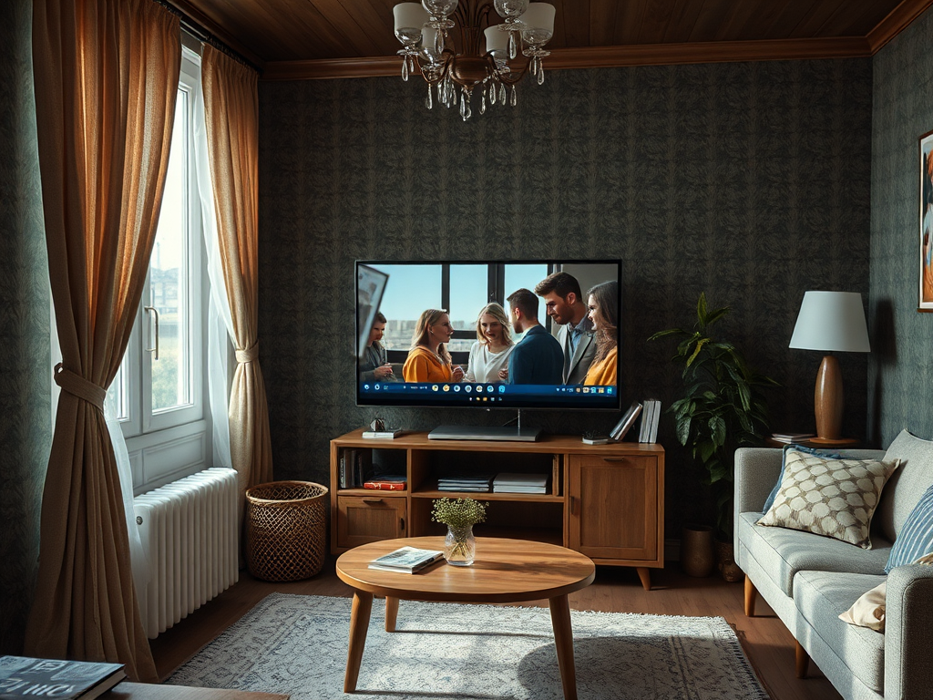 Современный интерьер гостиной с телевизором, уютной мебелью и светлыми шторами.