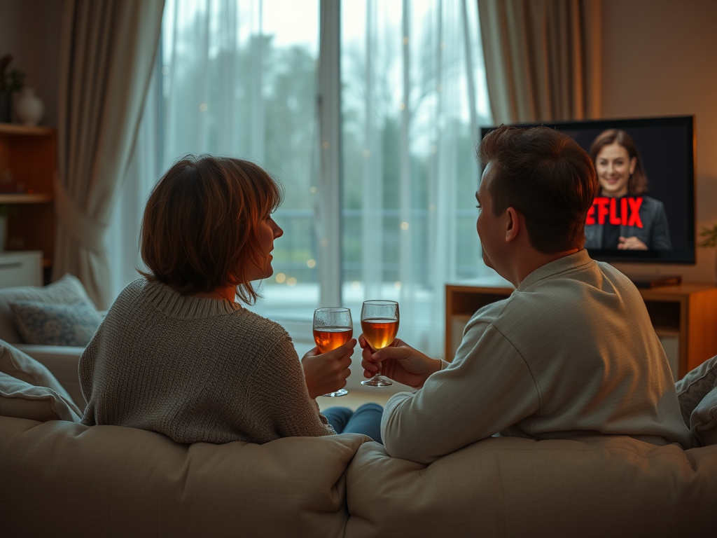 Пара сидит на диване с бокалами, смотря Netflix в уютной обстановке. С удовольствием проводят вечер вместе.