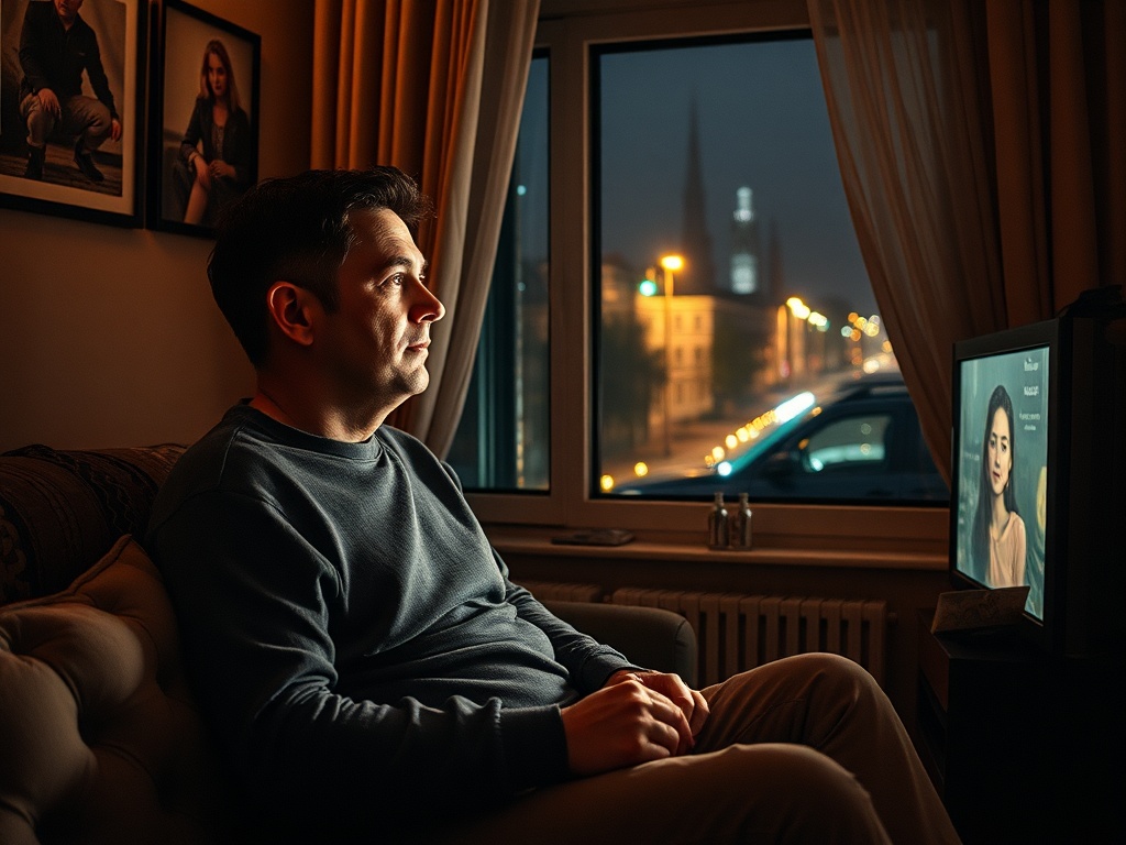 Человек сидит на диване, смотрит телевизор, за окном вечерний городской пейзаж.