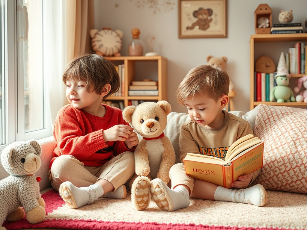Два ребенка сидят на диване с мягкими игрушками, один читает книгу, а другой улыбается. Солнечный свет залит комнату.