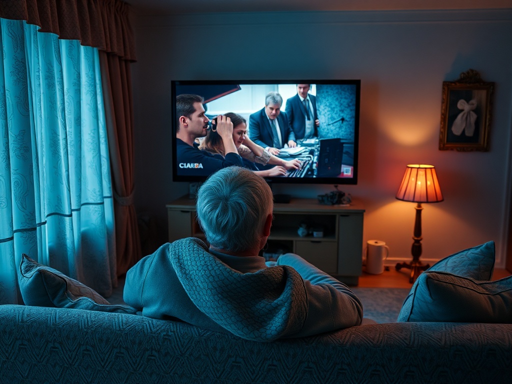 Пожилой человек смотрит телевизор в уютной комнате с мягким светом и занавесками.