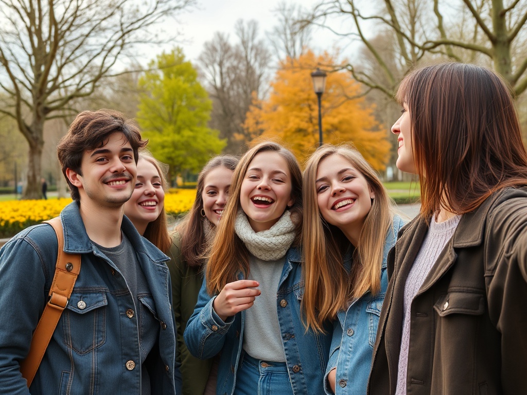 Шестеро друзей улыбаются и позируют на фоне парка с желтыми цветами и деревьями осенью.