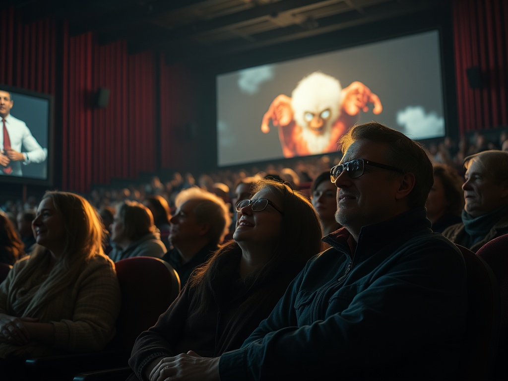 Зрители в кинотеатре наслаждаются фильмом, на экране изображен фантастический персонаж.