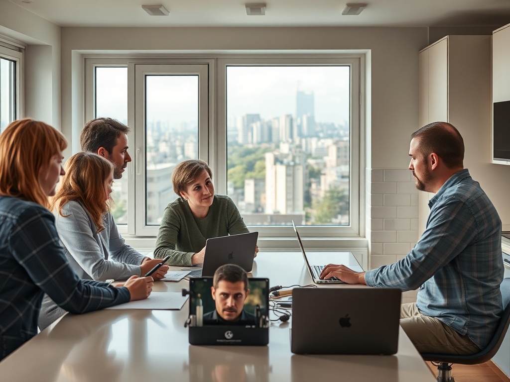 На фото группа людей на встрече в светлом офисе с окнами, выходящими на город. Обсуждают идеи и планы.
