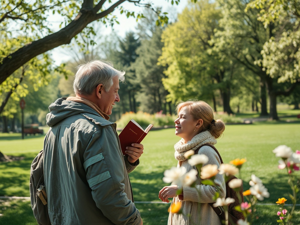 На фотографии пара в парке, они улыбаются друг другу и обсуждают книгу на фоне зелени и цветов.