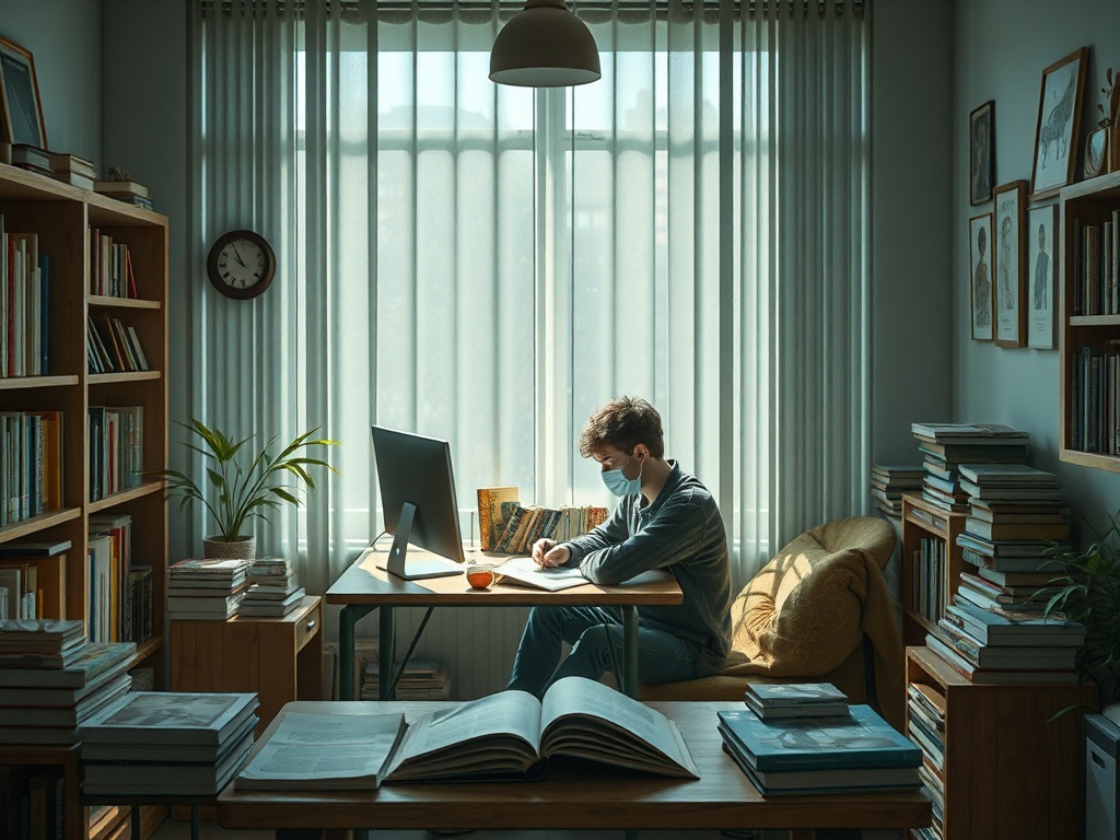 Молодой человек сидит за столом в уютной комнате, окружённой книгами, работает за компьютером с mask.