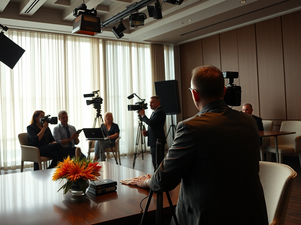 На встрече с прессой спикер сидит за столом, интервьюеры с камерами напротив. Интерьер современный.