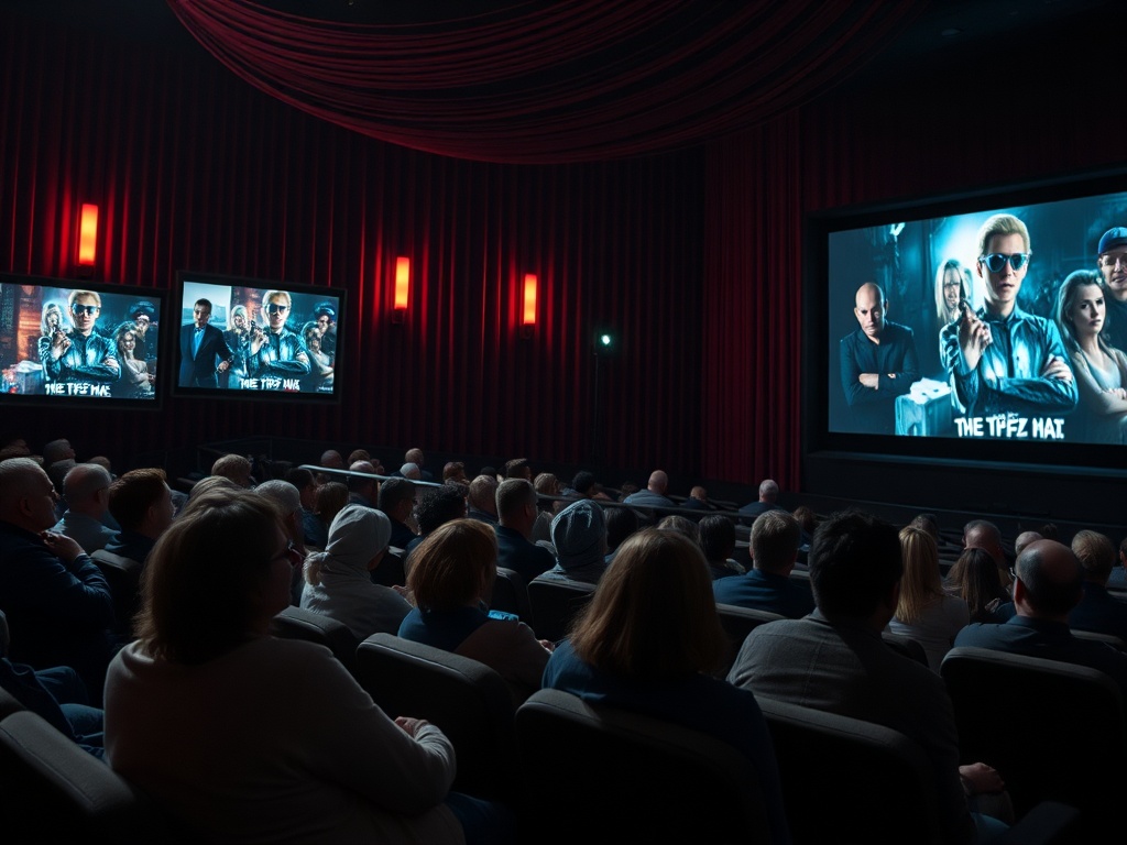 Зрители в кинотеатре смотрят фильм на большом экране, на котором представлены главные герои.
