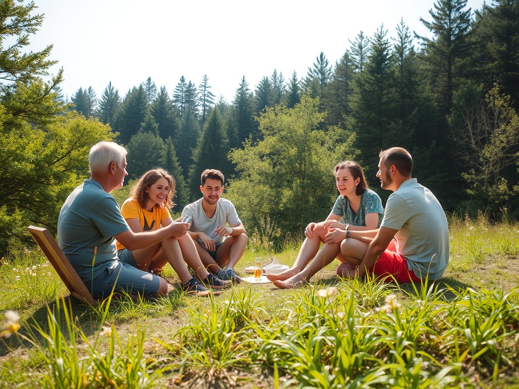 Группа из пяти друзей отдыхает на природе, общаясь и наслаждаясь временем на свежем воздухе.
