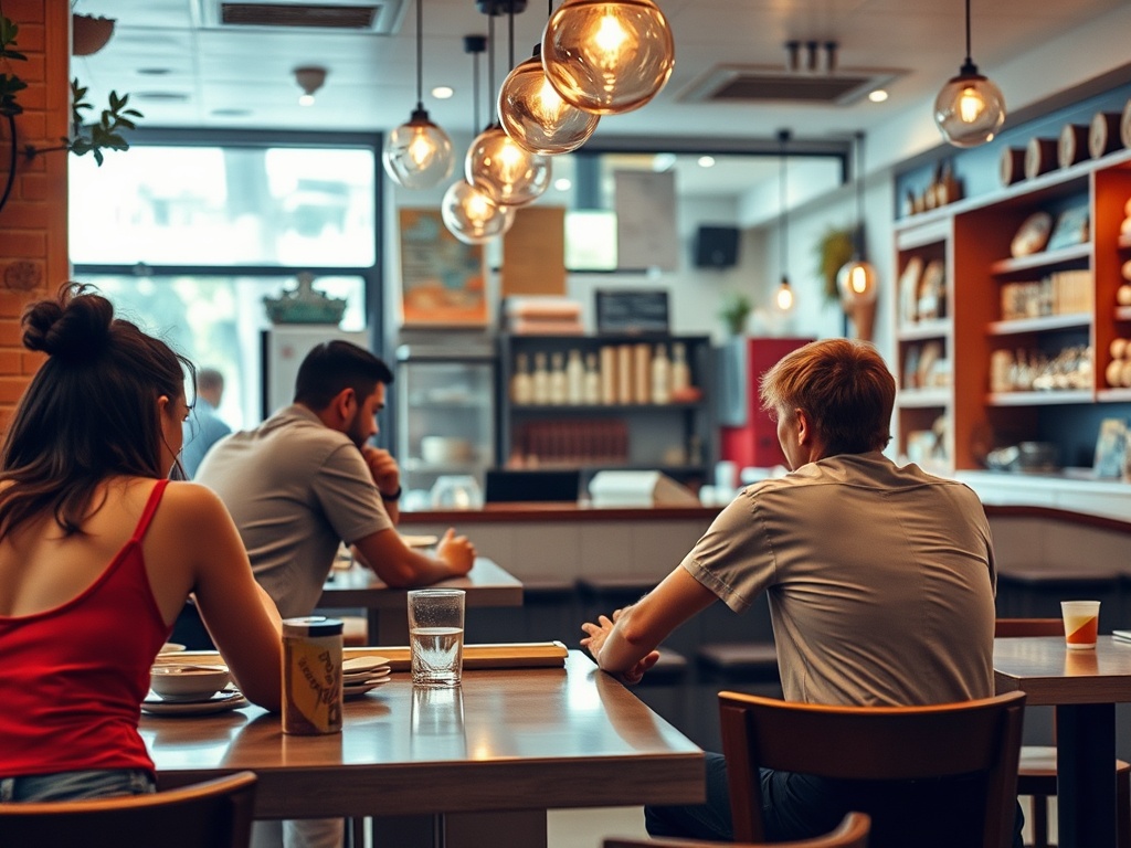 В кафе три человека сидят за столами, общаясь и наслаждаясь атмосферой в теплых тонах.