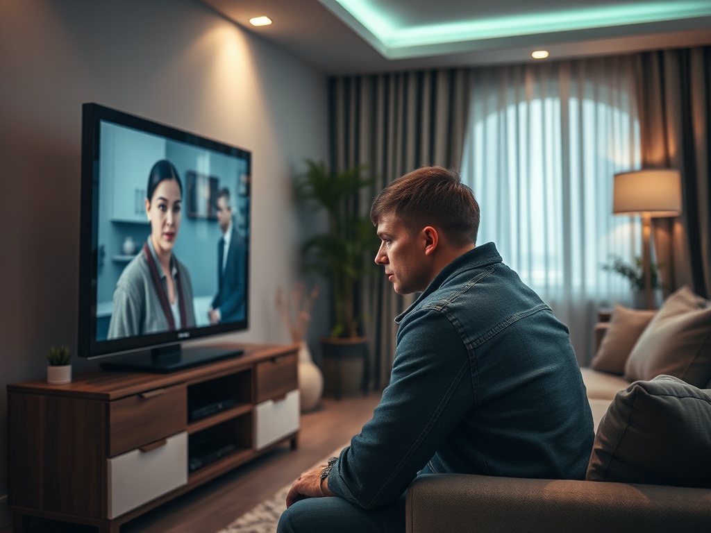 Молодой человек смотрит телевизор в уютной комнате, светлые шторы и уютная мебель создают атмосферу домашнего уюта.