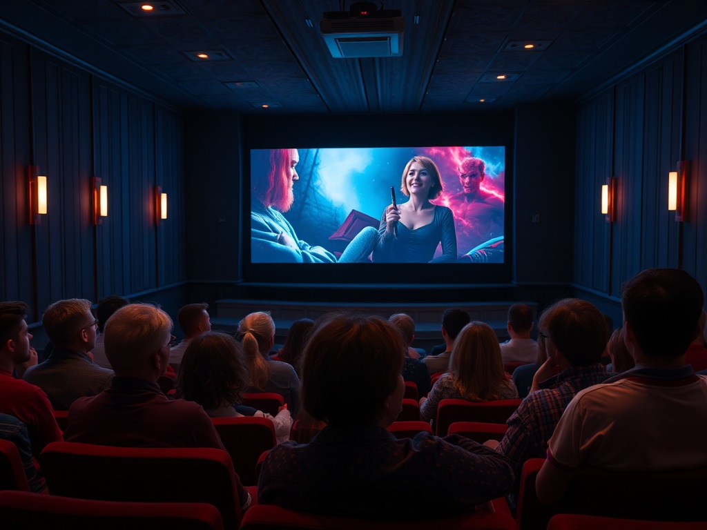 Зрители в кинотеатре смотрят фильм, на экране - сцена с героиней и фантастическими персонажами.