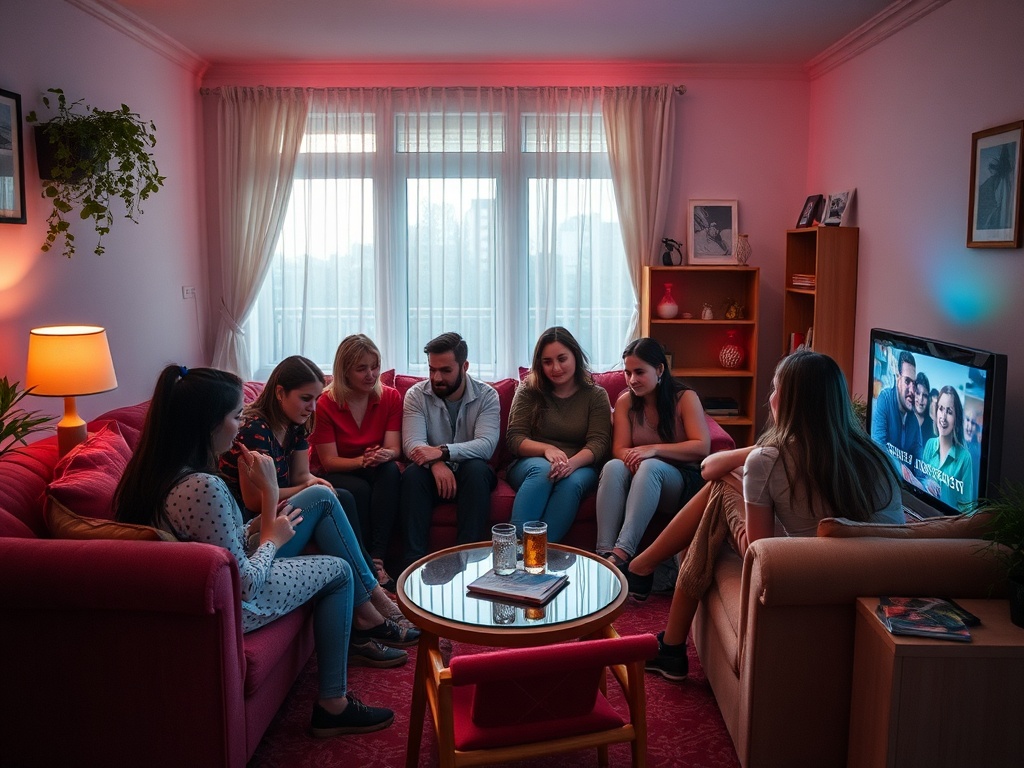 Друзья собираются в уютной комнате, общаются и смотрят телевизор. Теплая атмосфера и свет.