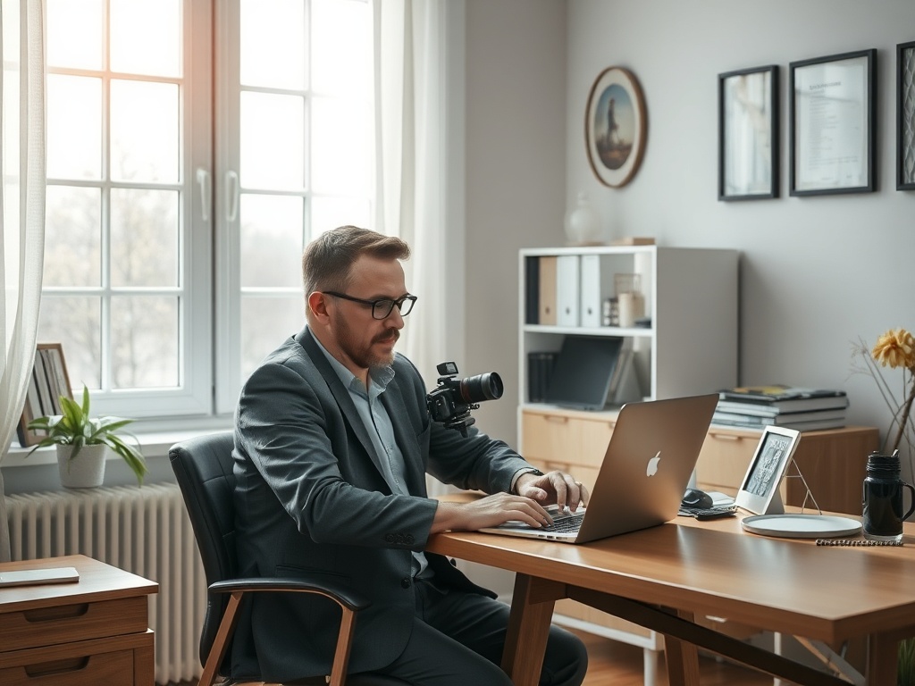 Мужчина в костюме работает за ноутбуком в уютном офисе, рядом камера и растения.