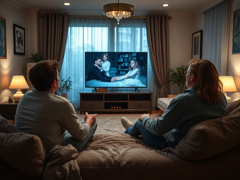 Два человека сидят на диване и смотрят телевизор, уличная сцена на экране. Теплая домашняя атмосфера.