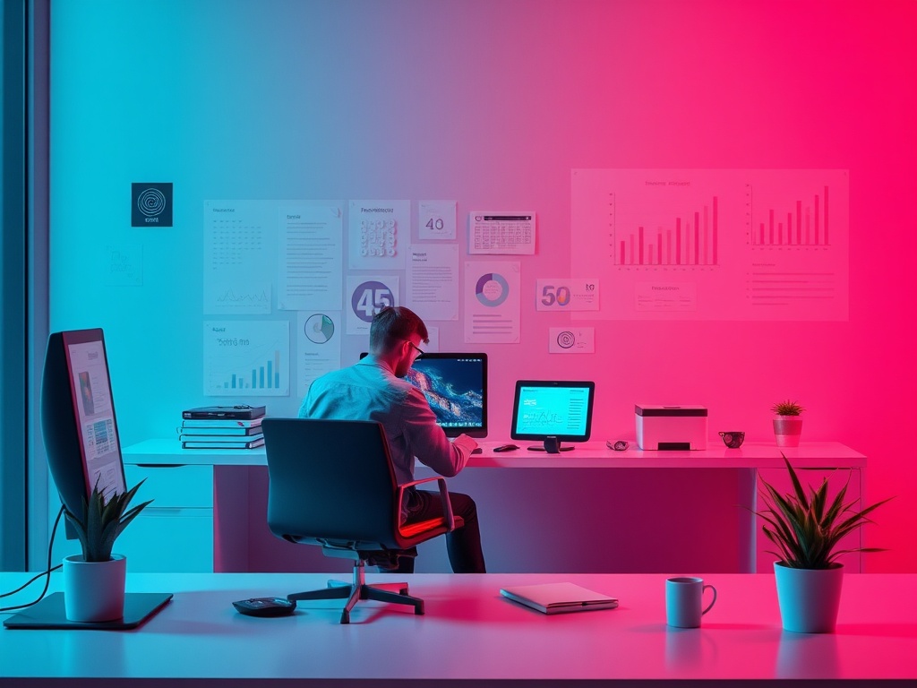 Офис с яркой подсветкой, на столе компьютер и графики, человек работает за столом в уголке помещения.
