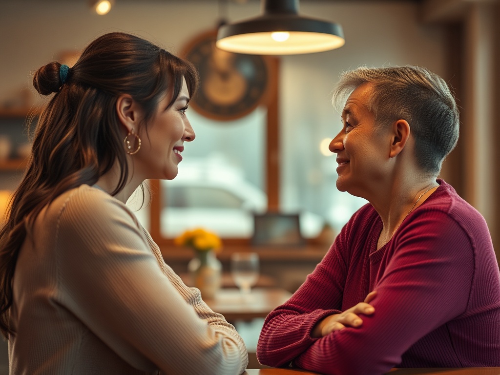 Две женщины улыбаются и общаются, сидя за столом в уютном кафе. Вокруг атмосфера тепла и уюта.