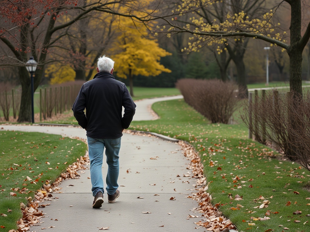 Пожилой человек идет по извивающейся дорожке в парке, окруженном осенними листьями и деревьями.