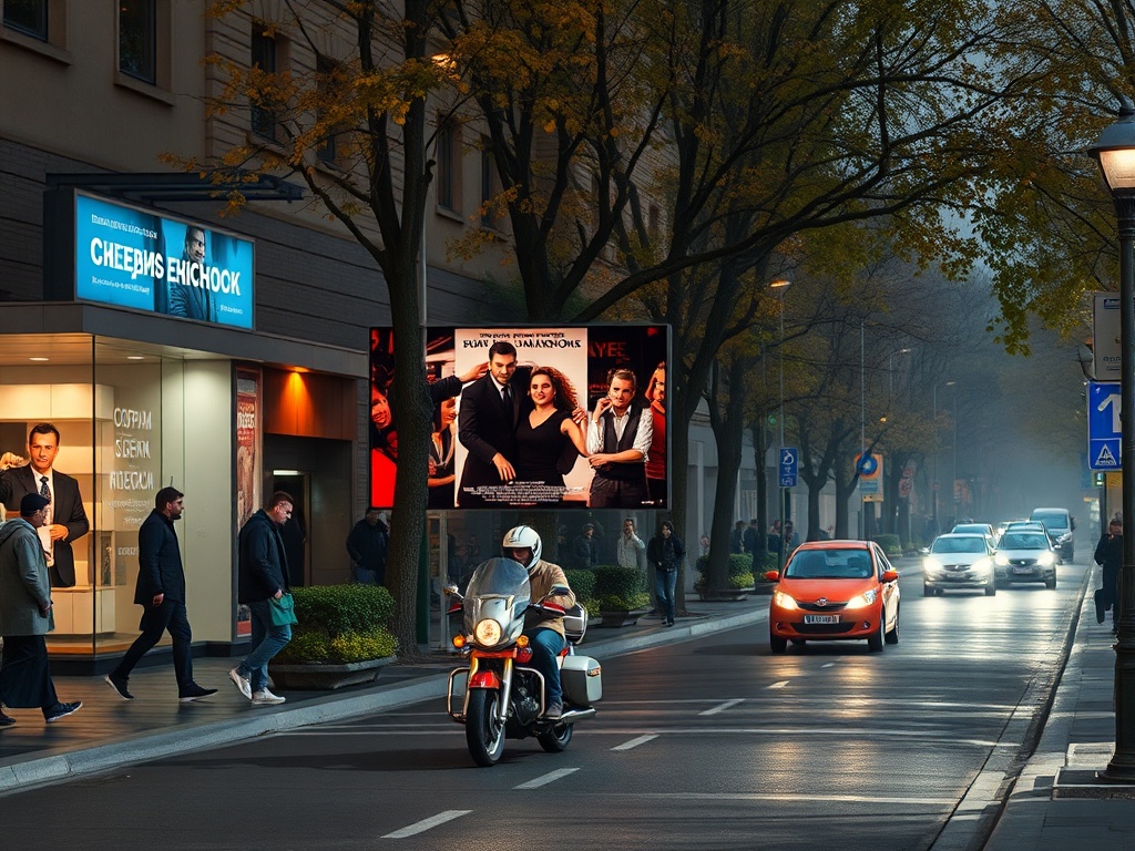 На улице виден рекламный щит с постером фильма и мотоциклист на проезжей части. Осень, вечер.