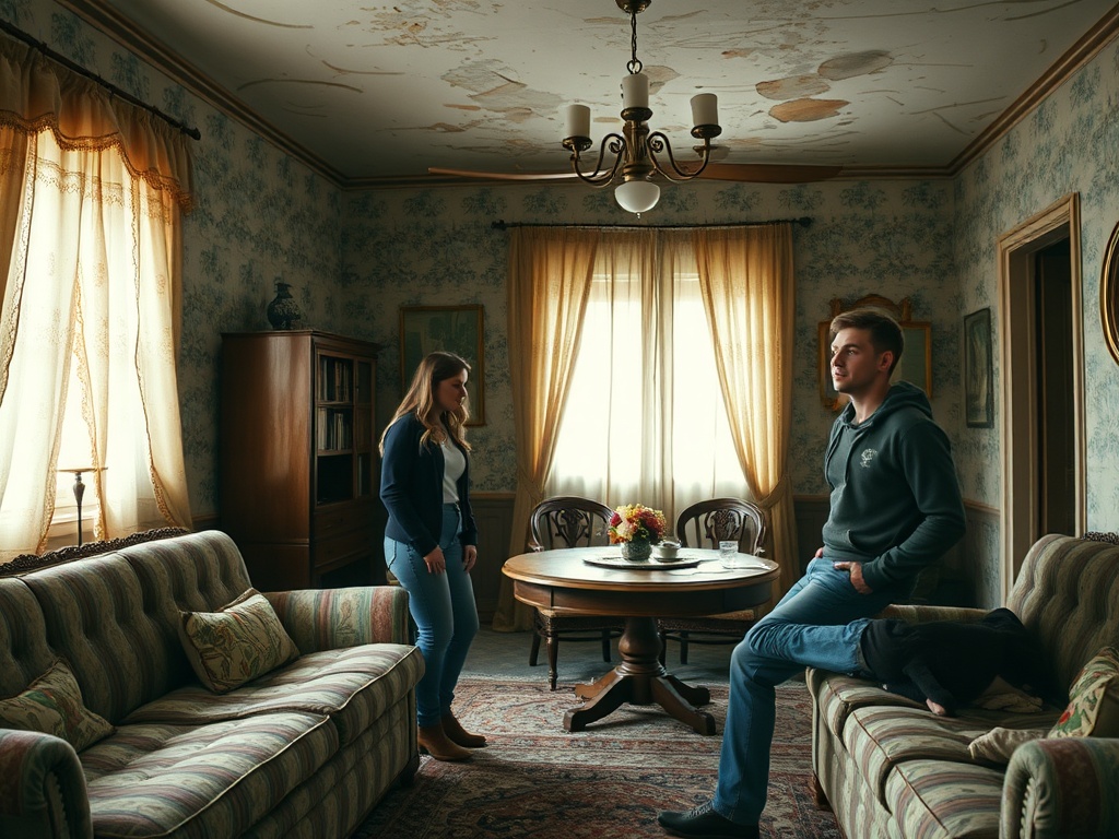 В комнате два человека: девушка стоит, большой стол с цветами, старинные обои, много света.