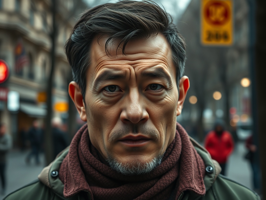 На улице стоит мужчина средних лет с серьезным выражением лица. За ним видны размытые фигуры прохожих.