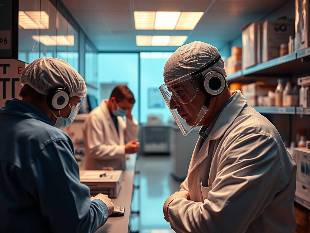 В лаборатории работают мужчины в медицинской одежде, слушая музыку и сосредоточенные на задачах.