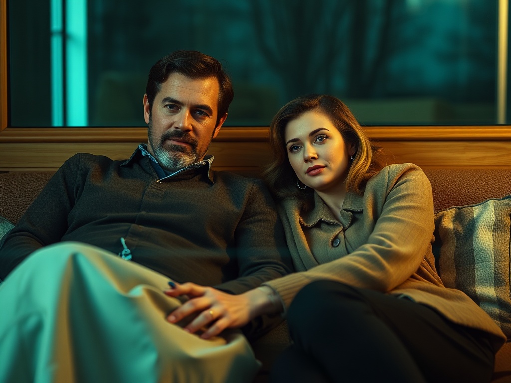 На диване сидят мужчина и женщина, уютно обнявшись, с задумчивыми выражениями лиц.