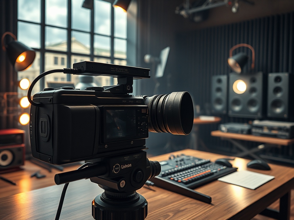 Камера на штативе в музыкальной студии с микшером и акустическими системами на заднем плане.