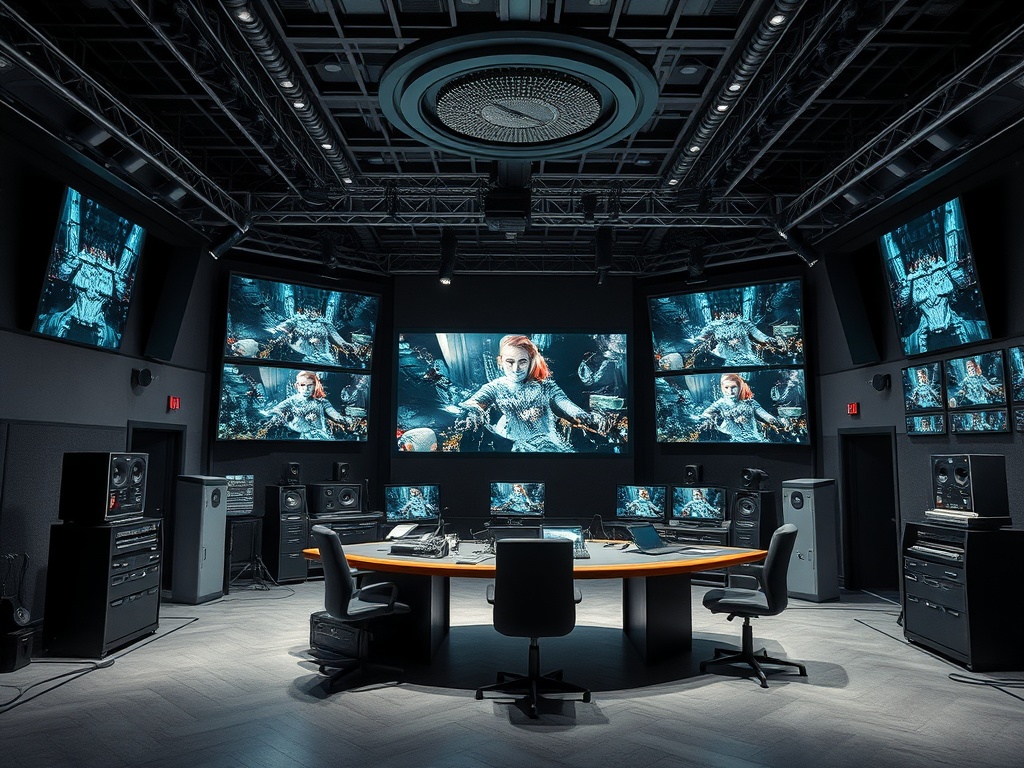 Современная студия с несколькими экранами, аудиосистемами и центральным рабочим столом.