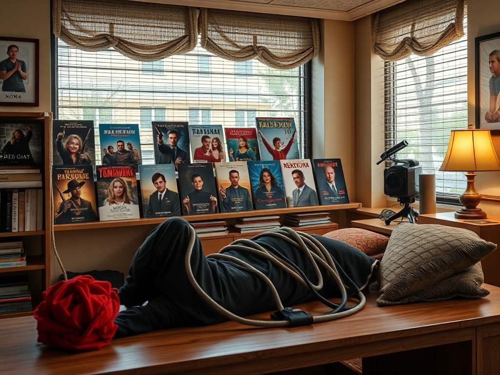 На столе лежит человек в одежде, обмотанный веревкой, рядом с подушками и телевизионными журналами.