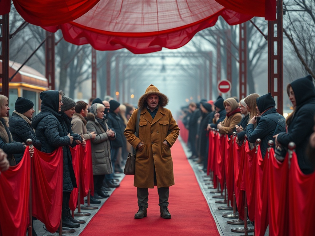 На красной дорожке стоит человек в куртке, окруженный толпой, ожидающей события в праздничной атмосфере.