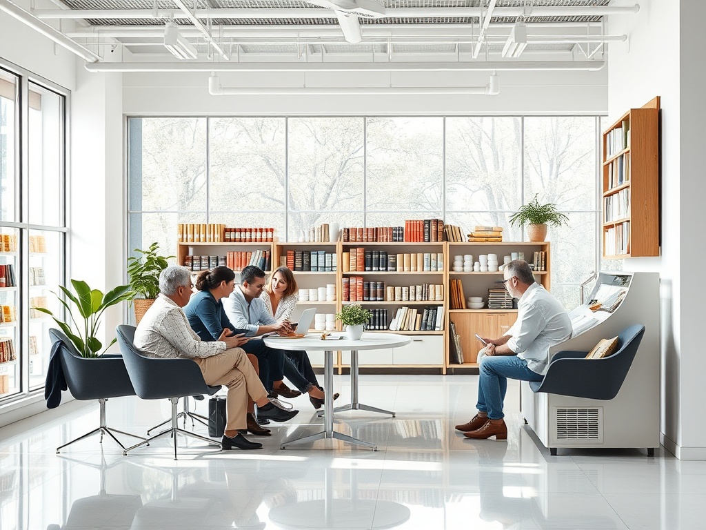 В светлом офисе группа людей обсуждает вопросы за круглым столом, рядом книжные полки и растения.