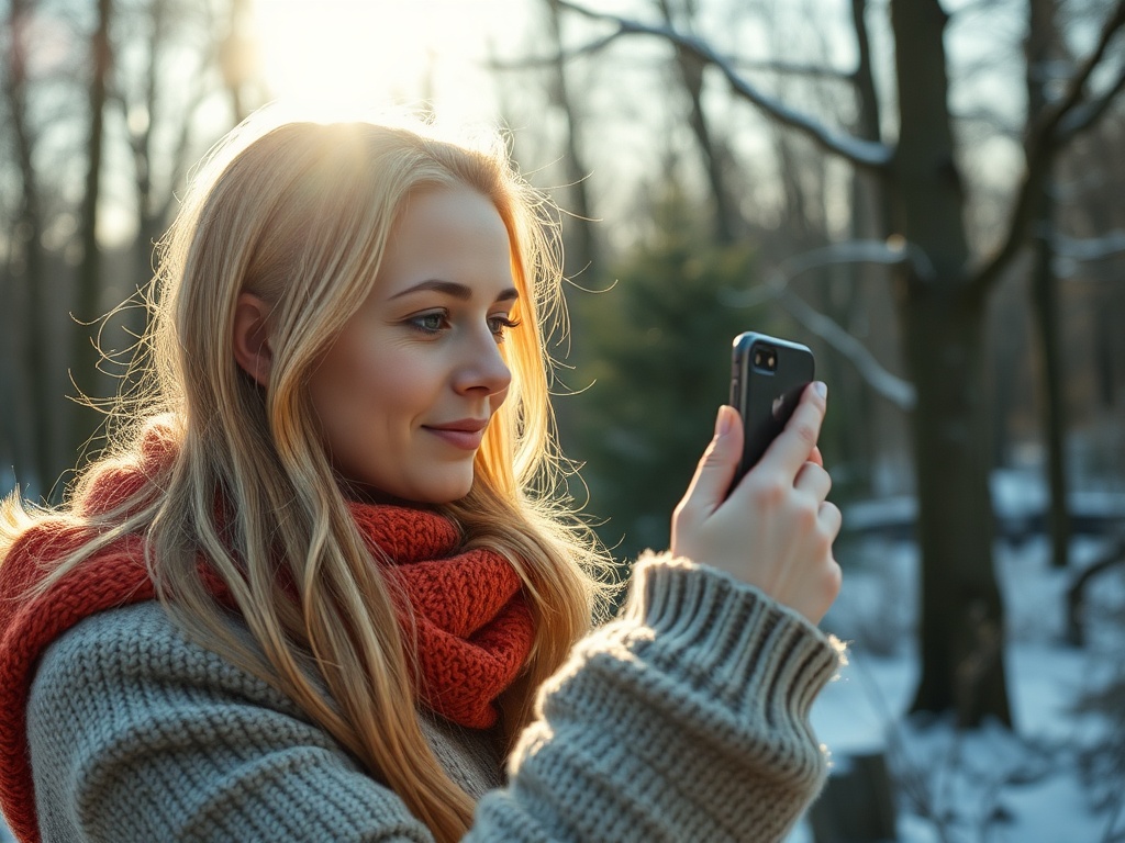 Девушка с длинными волосами и ярким шарфом делает селфи на фоне зимнего леса. Солнечный свет создает атмосферу уюта.