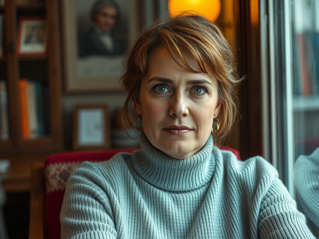 Женщина сидит на кресле в тёплом сером свитере, смотрит в окно с задумчивым выражением лица.