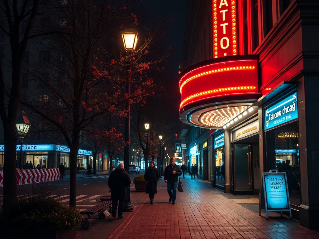 Ночной городской пейзаж с театром, светящимися вывесками и прохожими на улице с деревьями.