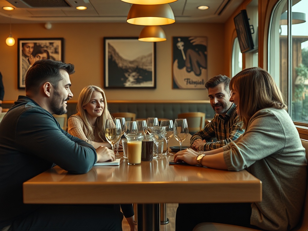Четыре человека за столом в ресторане, обсуждают что-то и наслаждаются напитками. Атмосфера уютная.