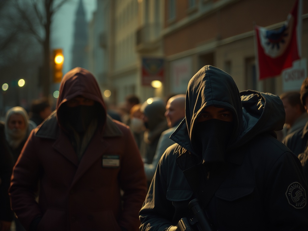На улице группа людей в капюшонах, некоторые из них скрывают лица. Атмосфера тревожная и напряженная.
