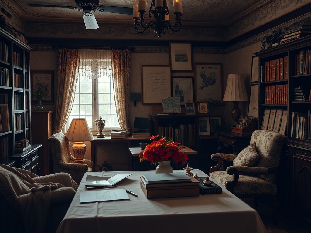 Уютный кабинет с книгами, фотографиями и цветами на столе, окнами, пропускающими свет.