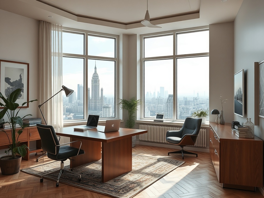 Современный офис с окном, открывающим вид на город и Эмпайр-стейт-билдинг, с уютной мебелью и растениями.