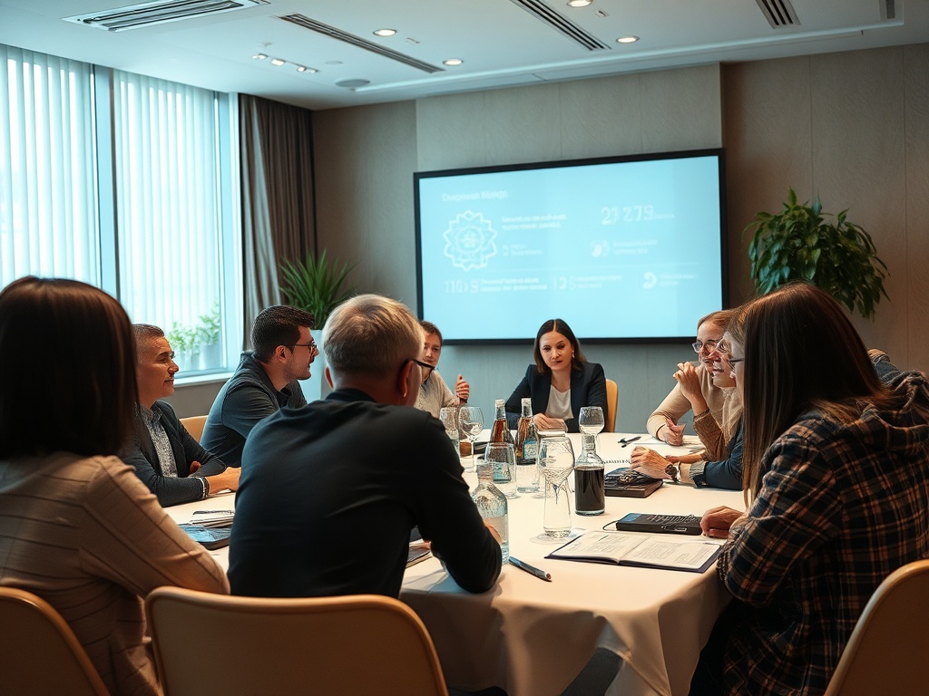 На встрече обсуждаются идеи и предложения, участники сидят за круглым столом. На экране — презентация.